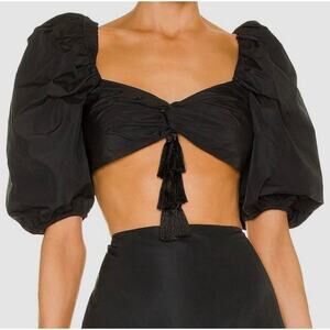 Alexis Black Orla Puff-Sleeve Tassel Crop Top Size Small